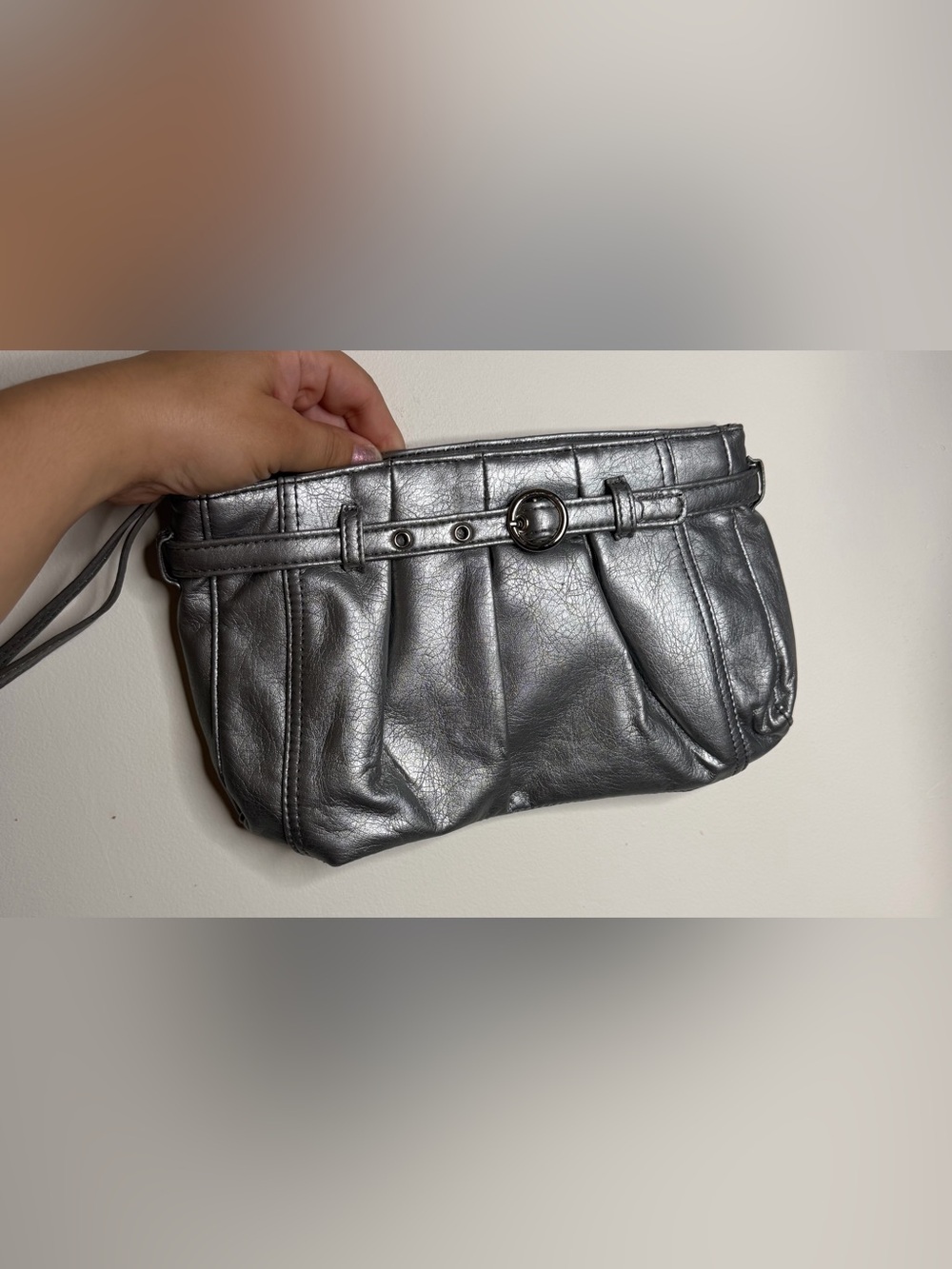 Neiman Marcus Metallic Silver Pleated Wristlet Clutch